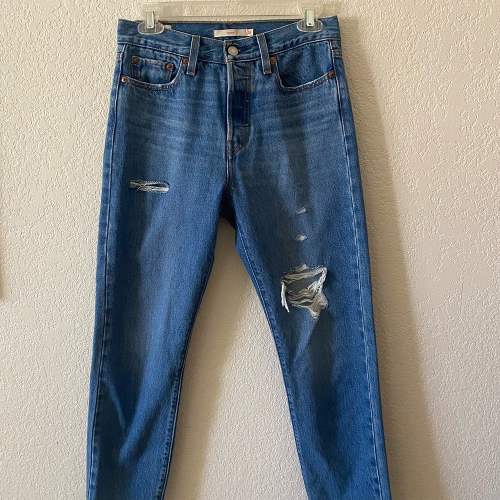 Levi's Blue Straight Leg Jeans with Distressed Details